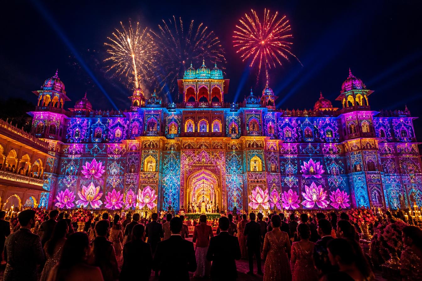Royal palace illuminated with 3D projection mapping at an Indian wedding