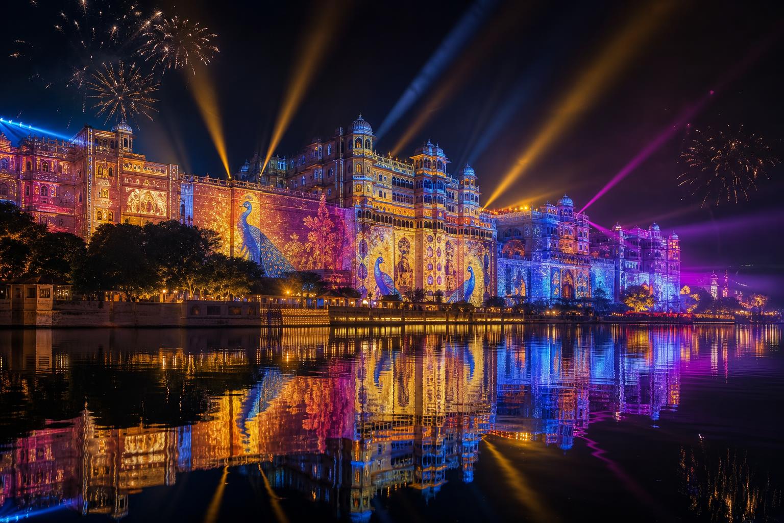 Udaipur palace projection mapping with peacocks and fireworks